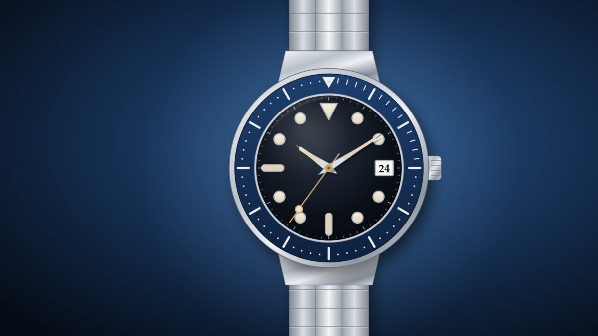 Illustration d'une montre de plongée en acier à lunette tournante bleue et cadran noir